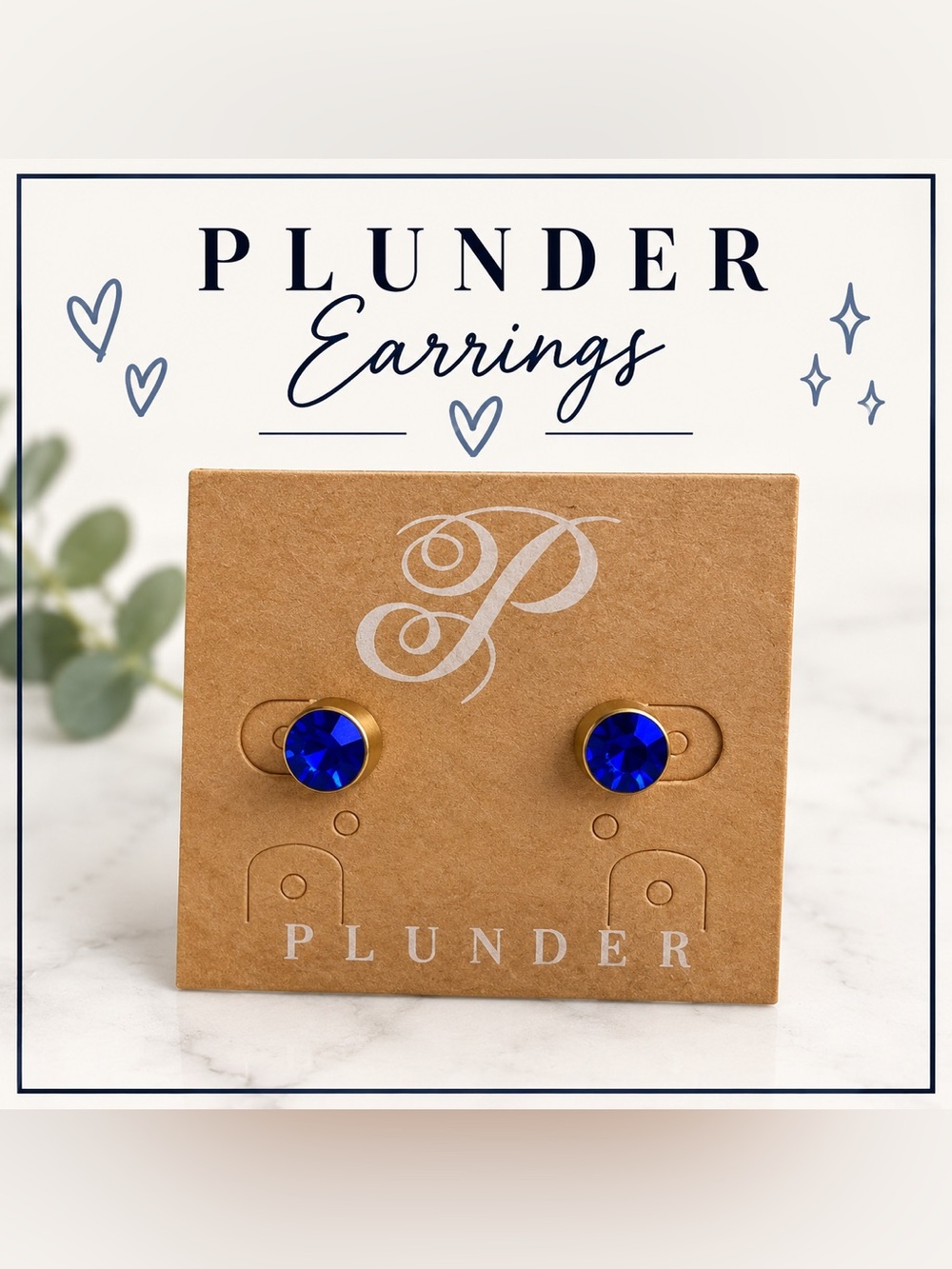Plunder Jewelry Royal Blue Crystal Gold Tone Stud Earrings